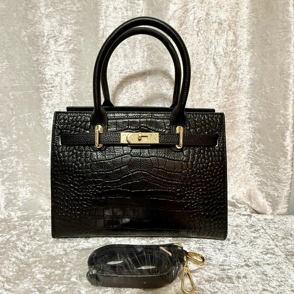 Verano Hill Marseille Black Croc Embossed Satchel Handbag Gold Hardware New - Picture 12 of 12